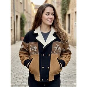 Vintage Leather Bomber Jacket L Western Horse Rider Sherpa Collar Wool Coat